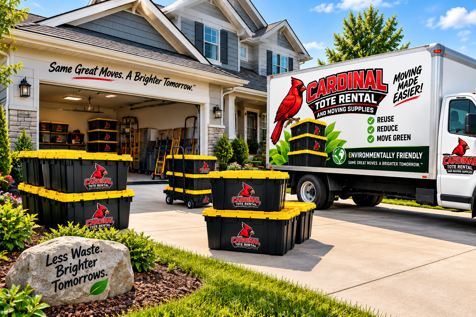 Cardinal Tote Rental delivery truck with the company logo and black reusable moving totes with yellow lids at a home